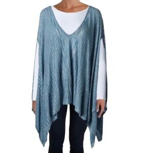 MOON & MEADOW BLUE AND WHITE ABSTRACT STRIPE V NECK PONCHO SWEATER